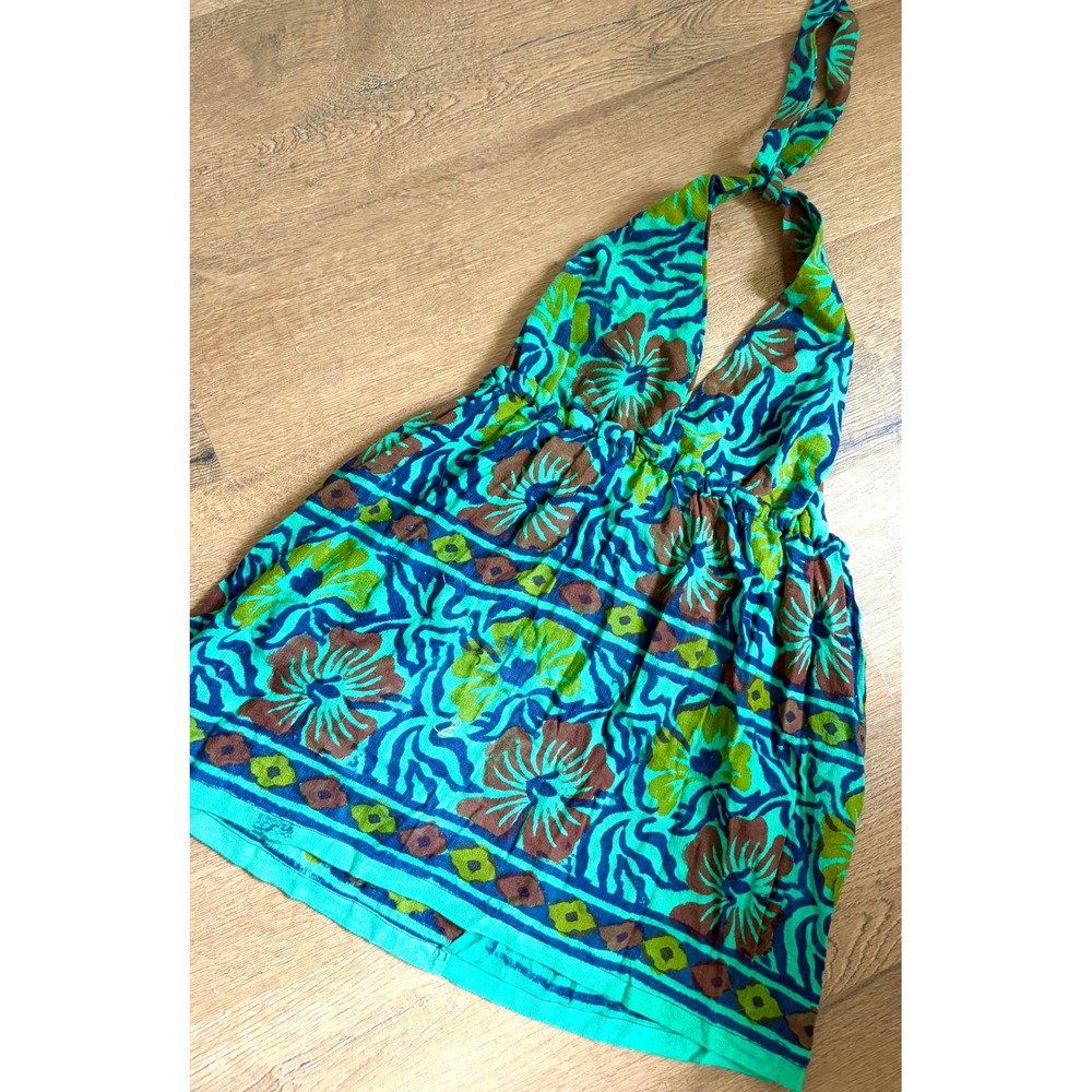 Vintage 70s Indian Boho Halter Mini Dress Tunic Turquoise Deadstock O/S